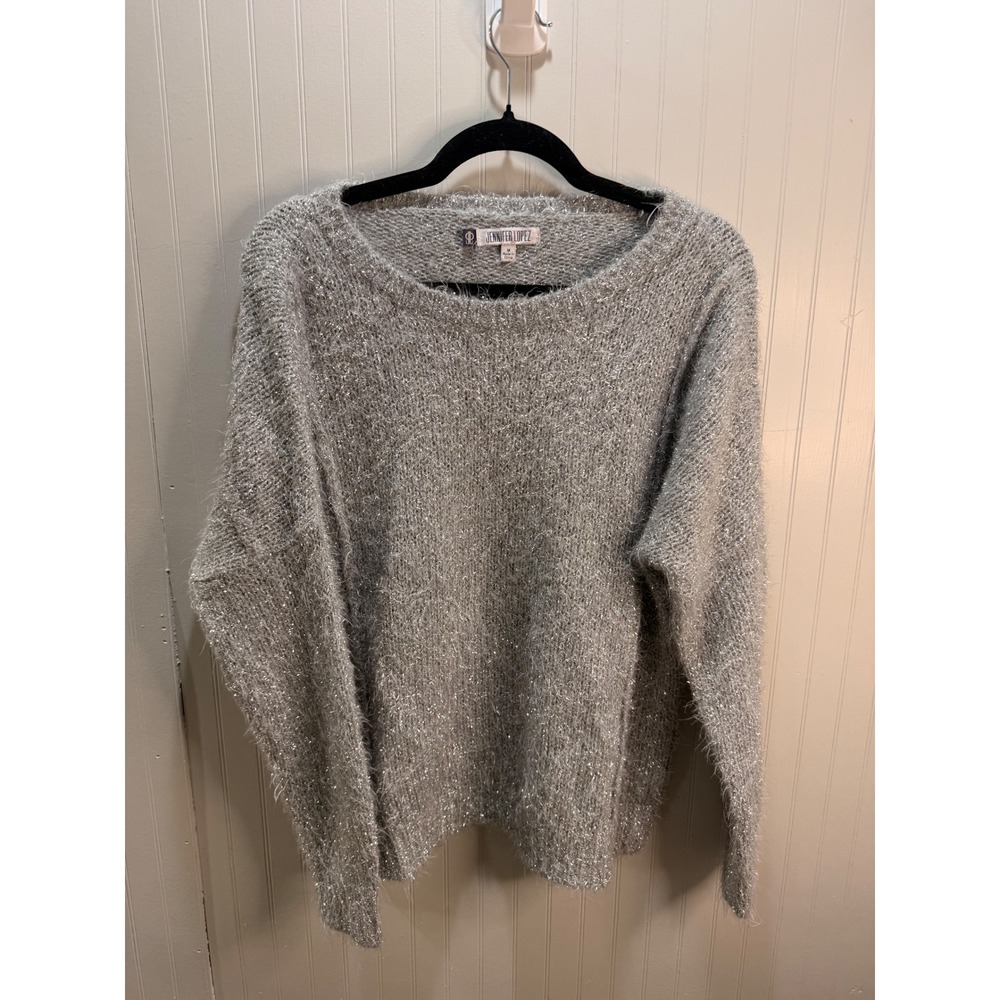 Jennifer Lopez Womens Silver Metallic Eyelash Knit‎ Sweater Shimmer Pullover M